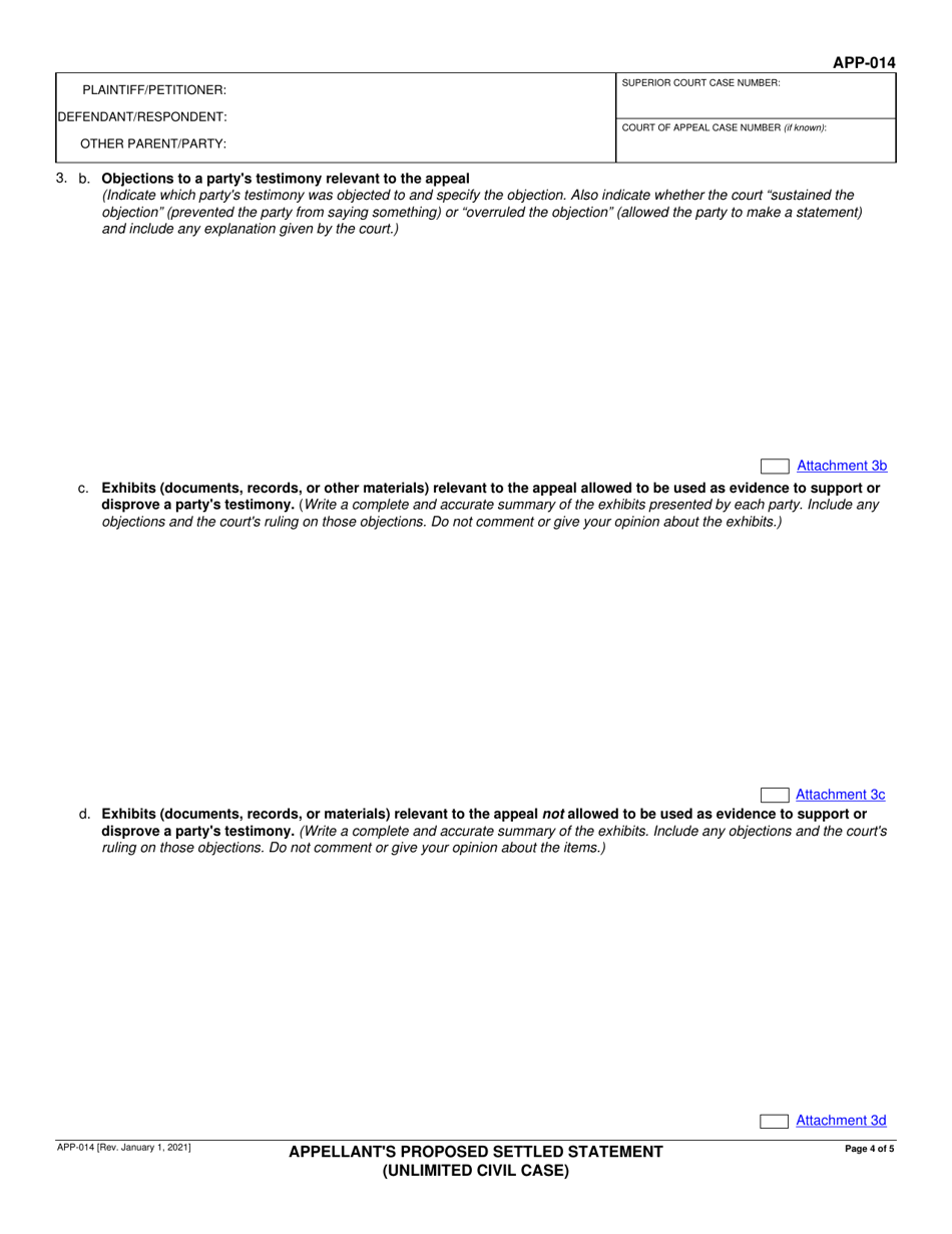 Form APP-014 Appellants Proposed Settled Statement (Unlimited Civil Case) - California, Page 4