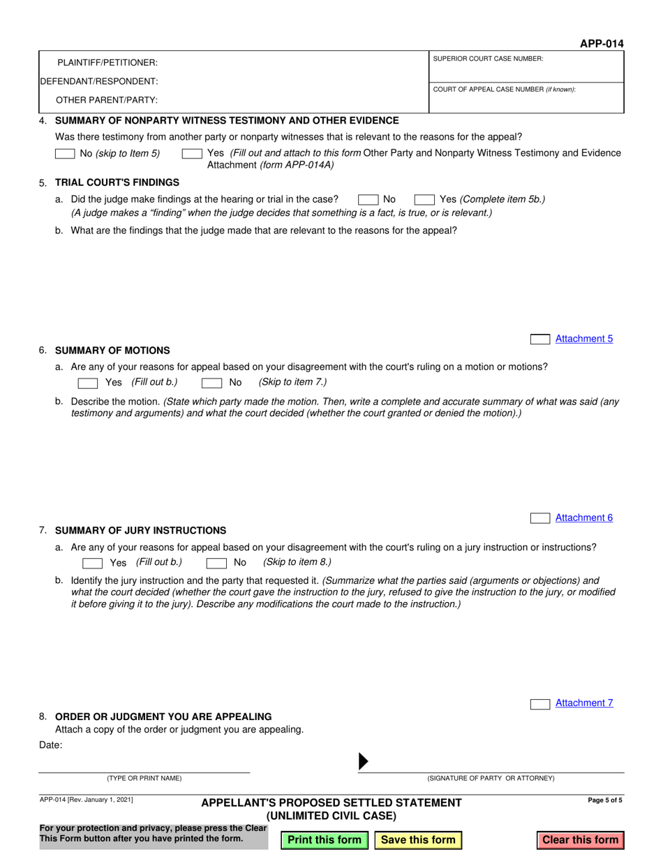 Form APP-014 Appellants Proposed Settled Statement (Unlimited Civil Case) - California, Page 5