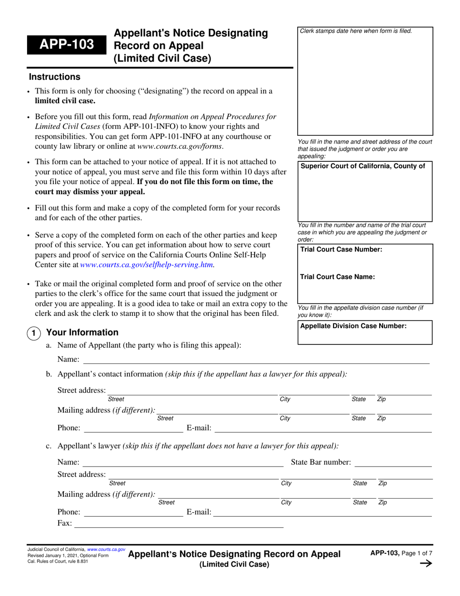 Form APP-103 Appellants Notice Designating Record on Appeal (Limited Civil Case) - California, Page 1