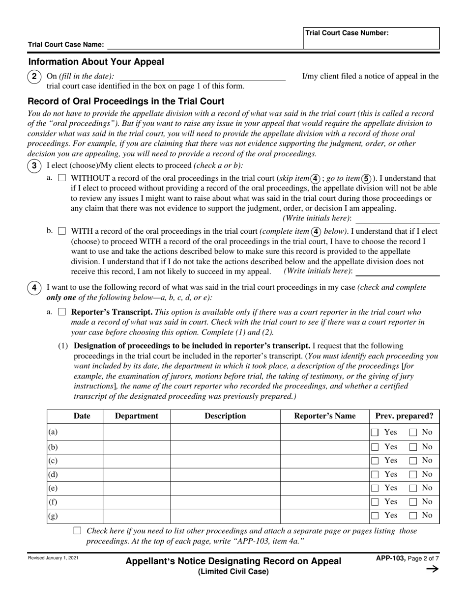 Form APP-103 Appellants Notice Designating Record on Appeal (Limited Civil Case) - California, Page 2