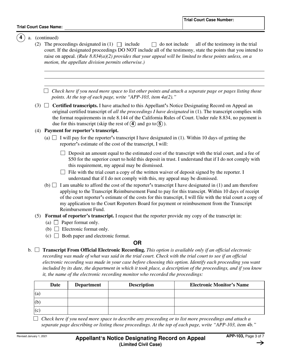 Form APP-103 Appellants Notice Designating Record on Appeal (Limited Civil Case) - California, Page 3