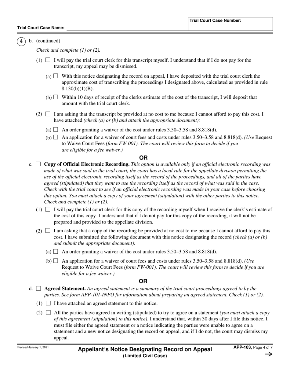 Form APP-103 Appellants Notice Designating Record on Appeal (Limited Civil Case) - California, Page 4
