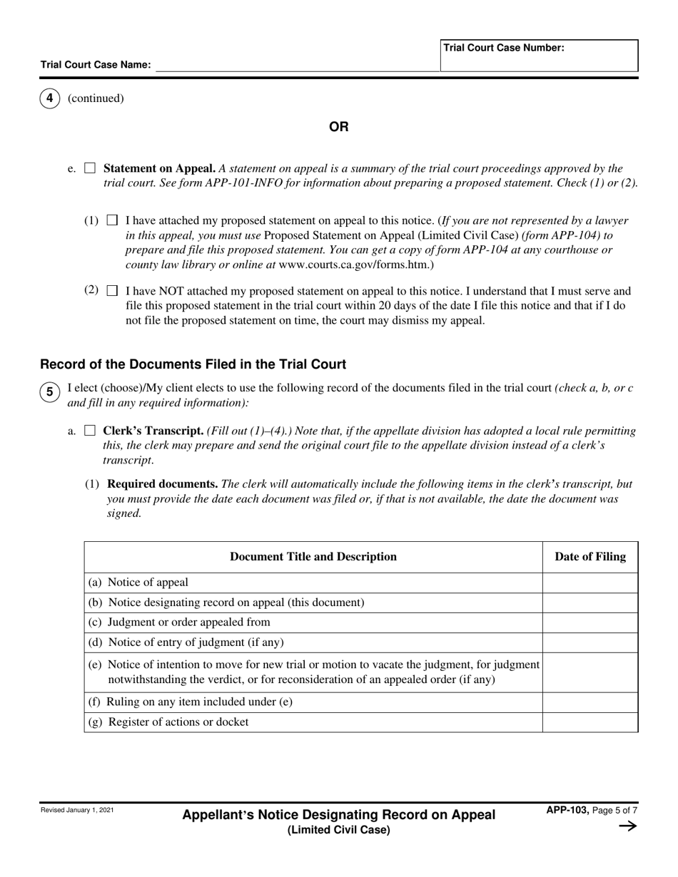 Form APP-103 Appellants Notice Designating Record on Appeal (Limited Civil Case) - California, Page 5