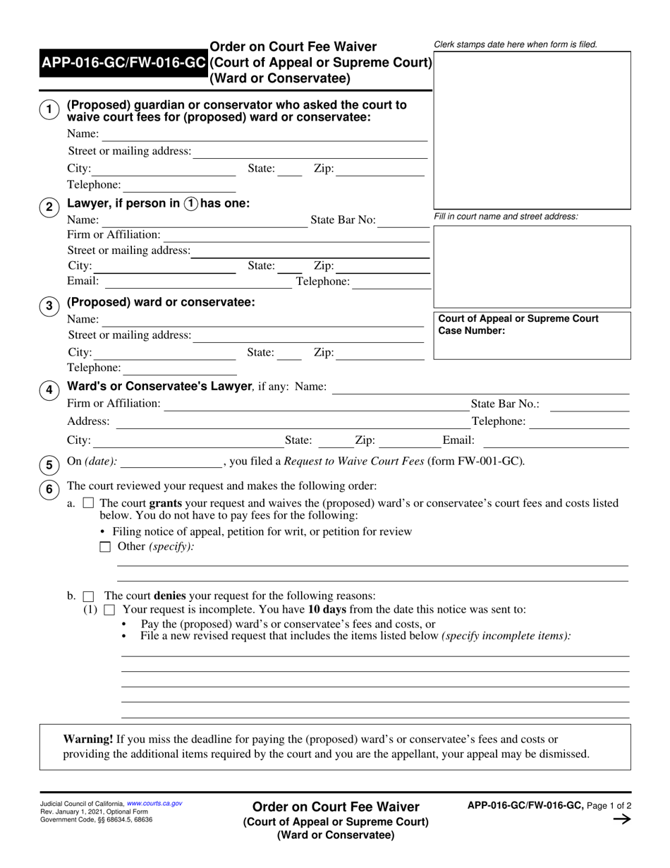 Form APP-016-GC (FW-016-GC) Order on Court Fee Waiver (Court of Appeal or Supreme Court) (Ward or Conservatee) - California, Page 1