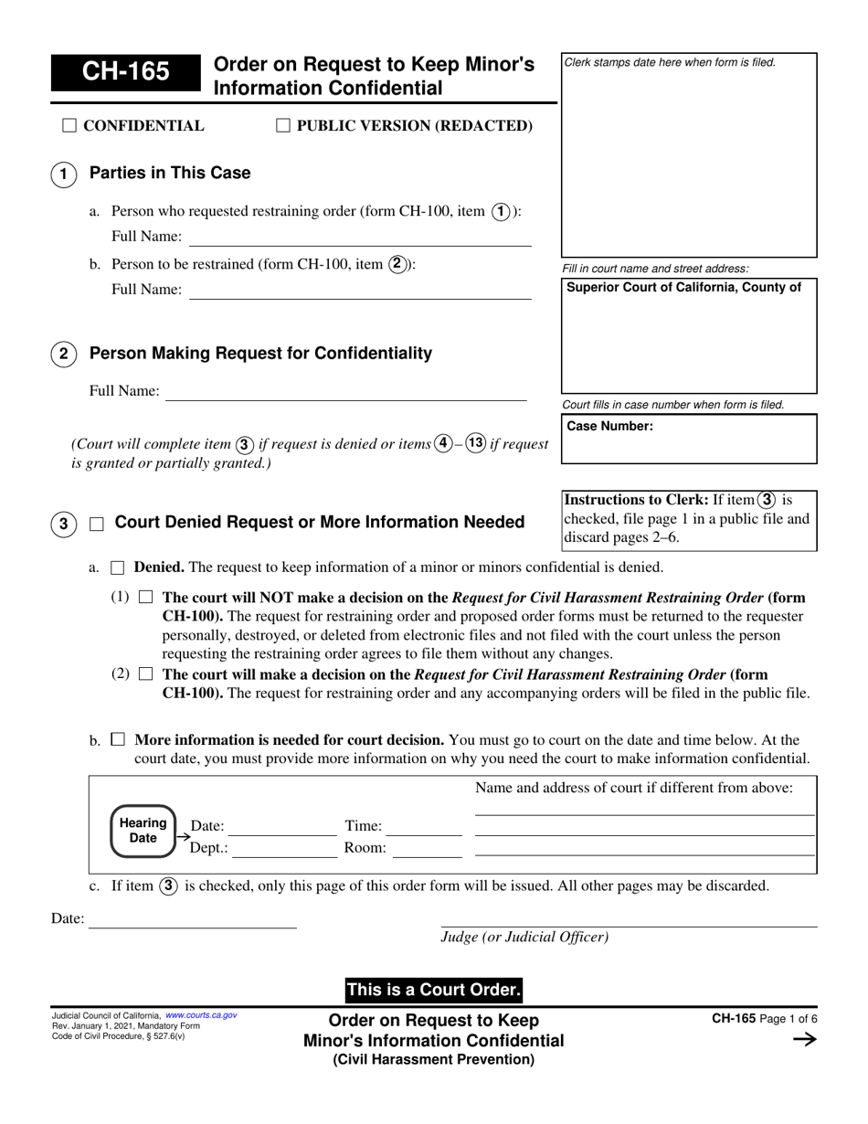 Form CH-165 Order on Request to Keep Minors Information Confidential - California, Page 1