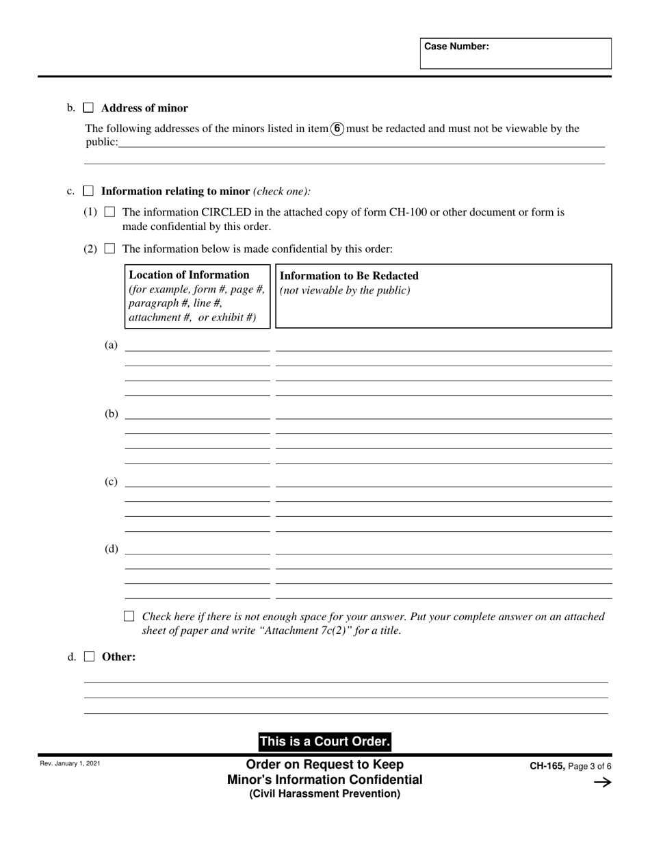 Form CH-165 Order on Request to Keep Minors Information Confidential - California, Page 3