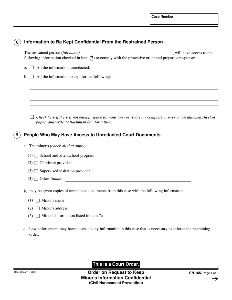 Form CH-165 Order on Request to Keep Minors Information Confidential - California, Page 4