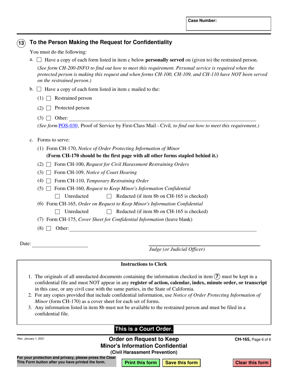 Form CH-165 Order on Request to Keep Minors Information Confidential - California, Page 6