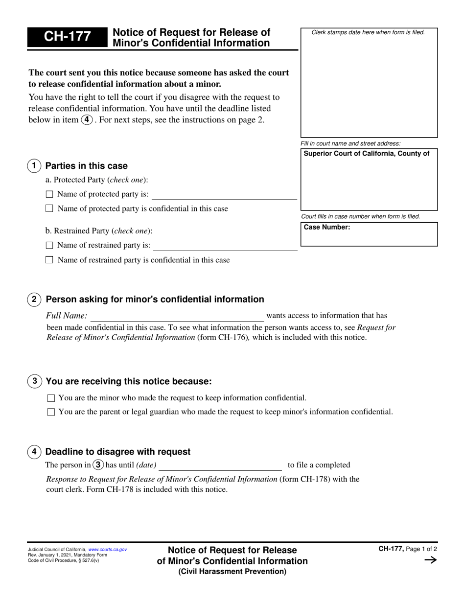Form CH-177 Notice of Request for Release of Minors Confidential Information - California, Page 1