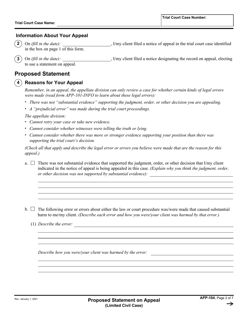 Form APP-104 Proposed Statement on Appeal (Limited Civil Case) - California, Page 2