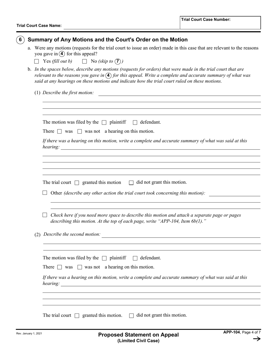 Form APP-104 Proposed Statement on Appeal (Limited Civil Case) - California, Page 4