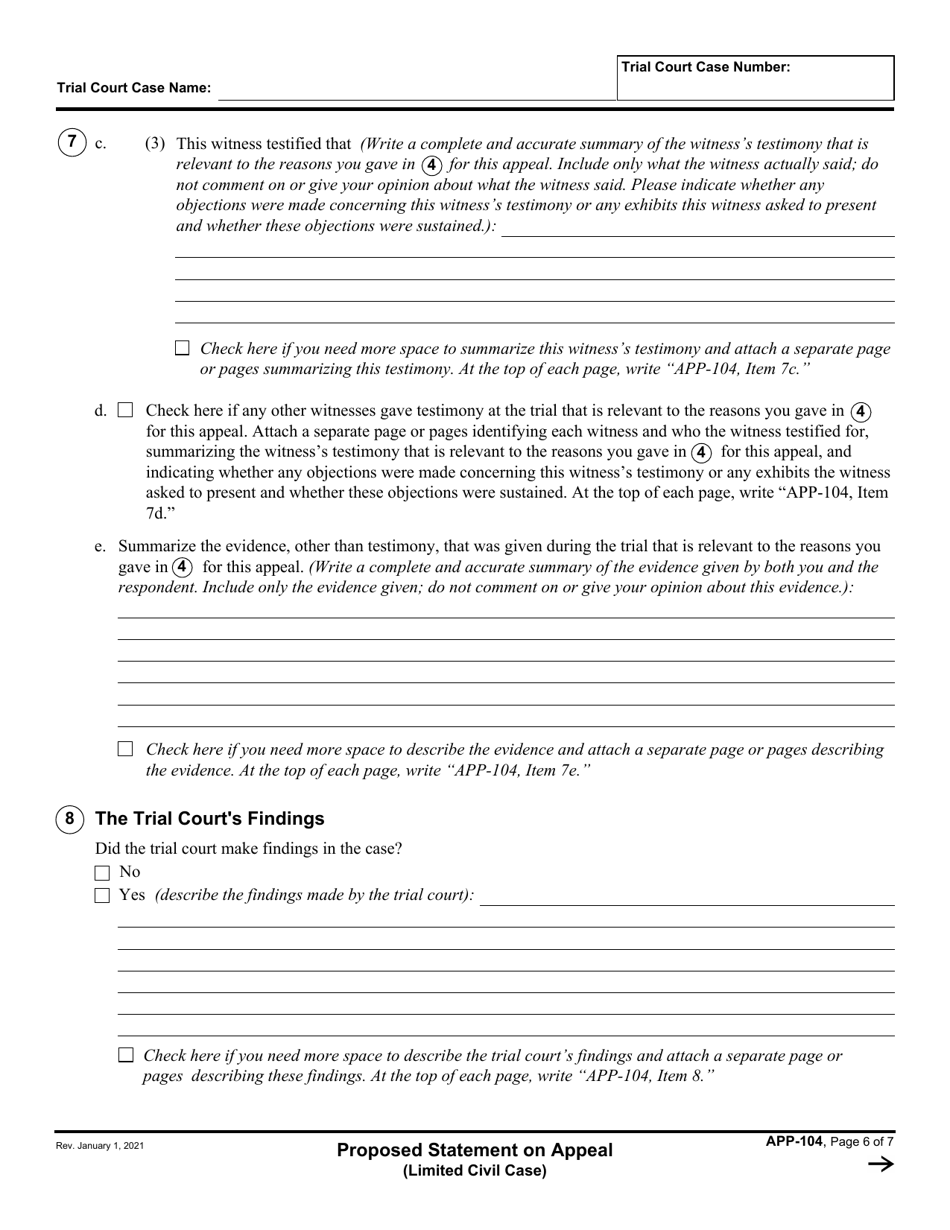 Form APP-104 Proposed Statement on Appeal (Limited Civil Case) - California, Page 6