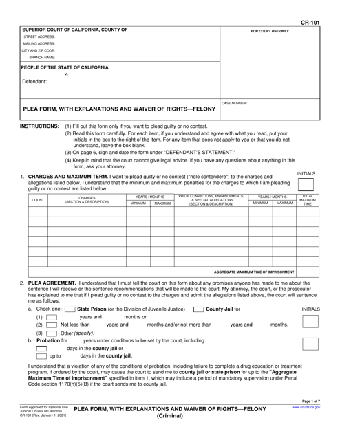 Form CR-101 Plea Form, With Explanations and Waiver of Rights - Felony (Criminal) - California