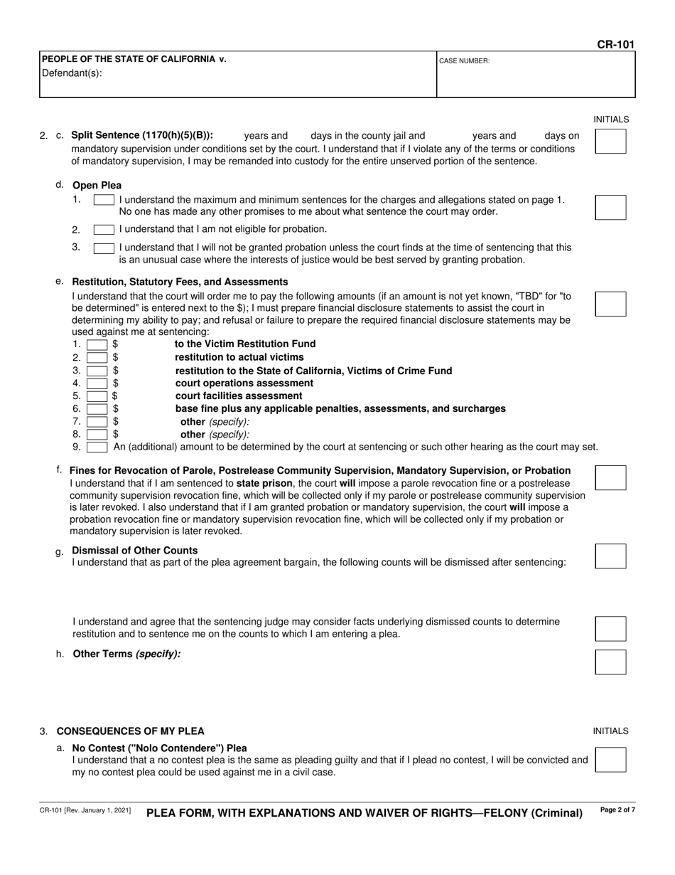 Form CR-101 Download Fillable PDF or Fill Online Plea Form, With ...