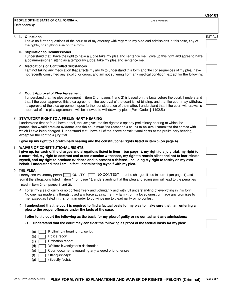 Form CR-101 Plea Form, With Explanations and Waiver of Rights - Felony (Criminal) - California, Page 5