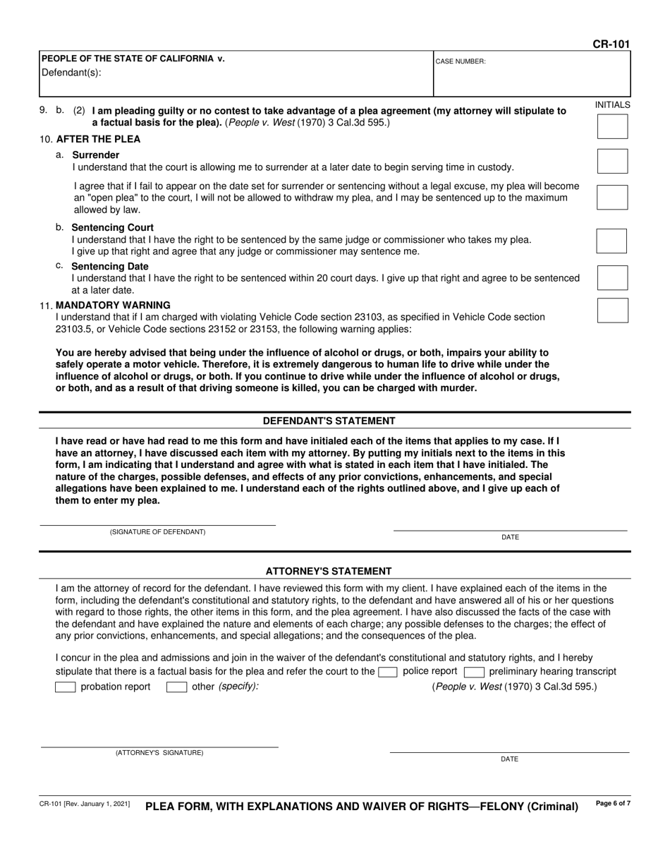 Form CR-101 Plea Form, With Explanations and Waiver of Rights - Felony (Criminal) - California, Page 6