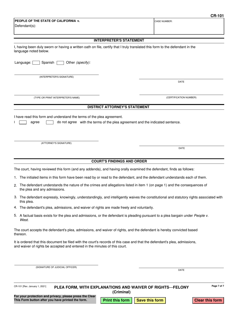 Form CR-101 Download Fillable PDF or Fill Online Plea Form, With ...