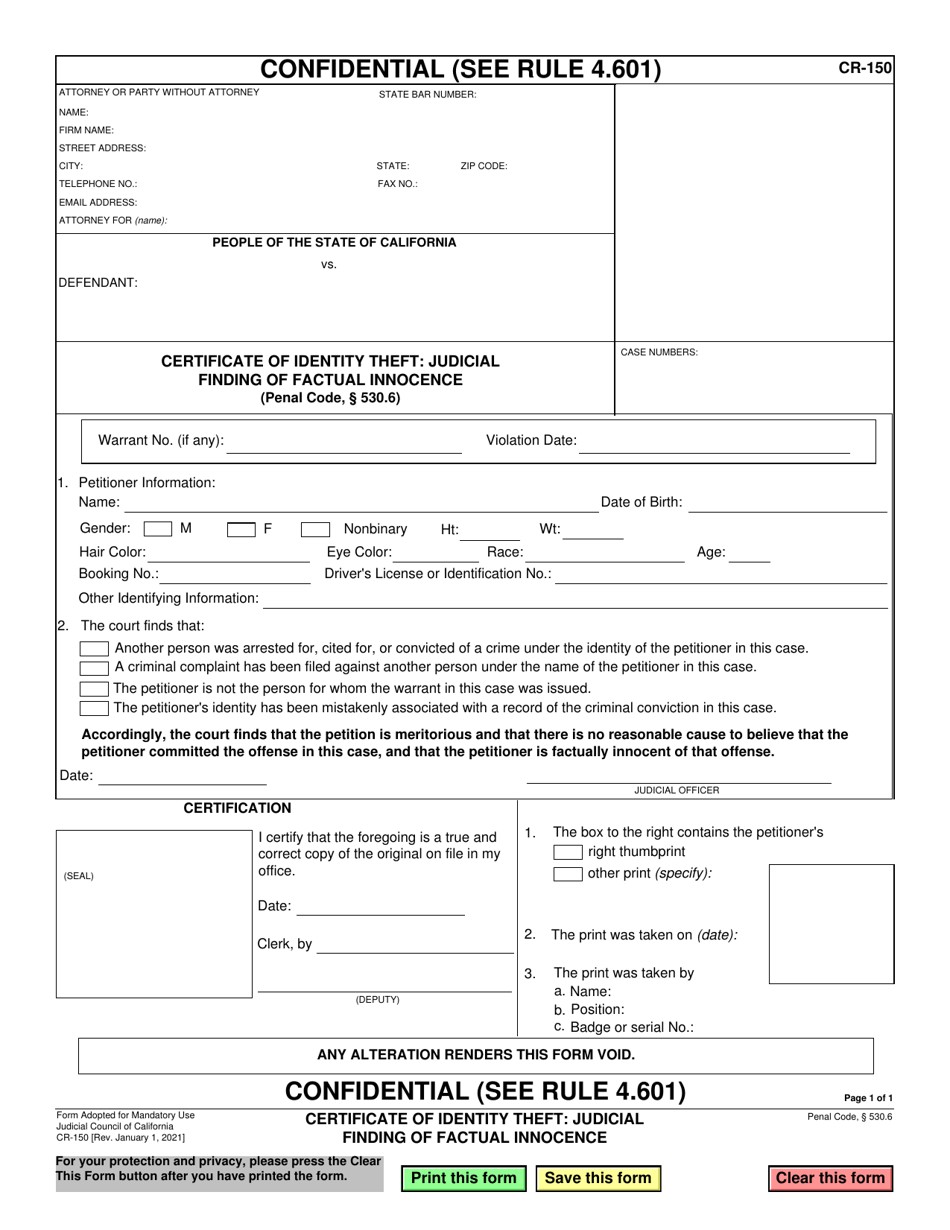 Form CR-150 Certificate of Identity Theft: Judicial Finding of Factual Innocence - California, Page 1