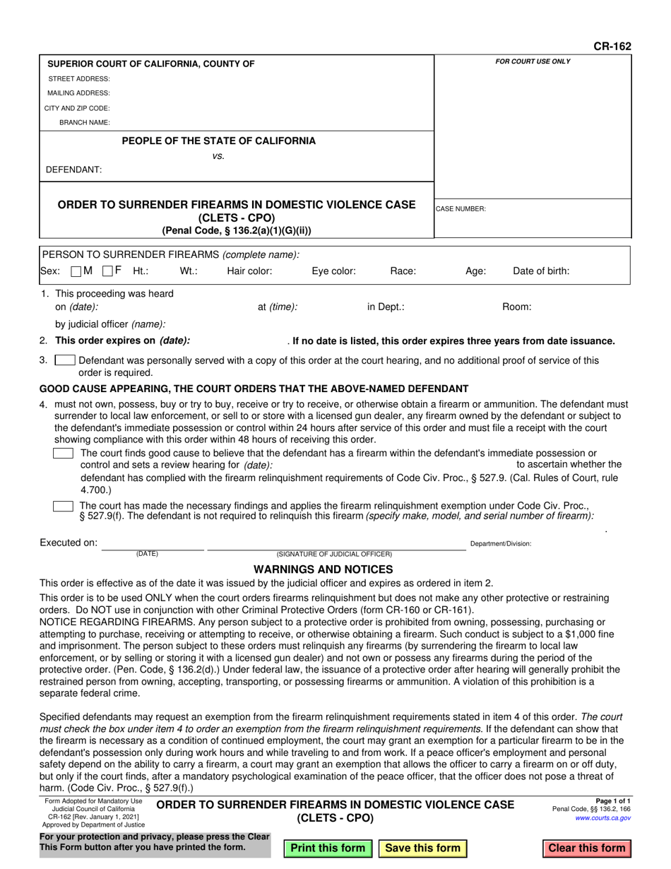 Form CR-162 Order to Surrender Firearms in Domestic Violence Case (Clets-Cpo) - California, Page 1