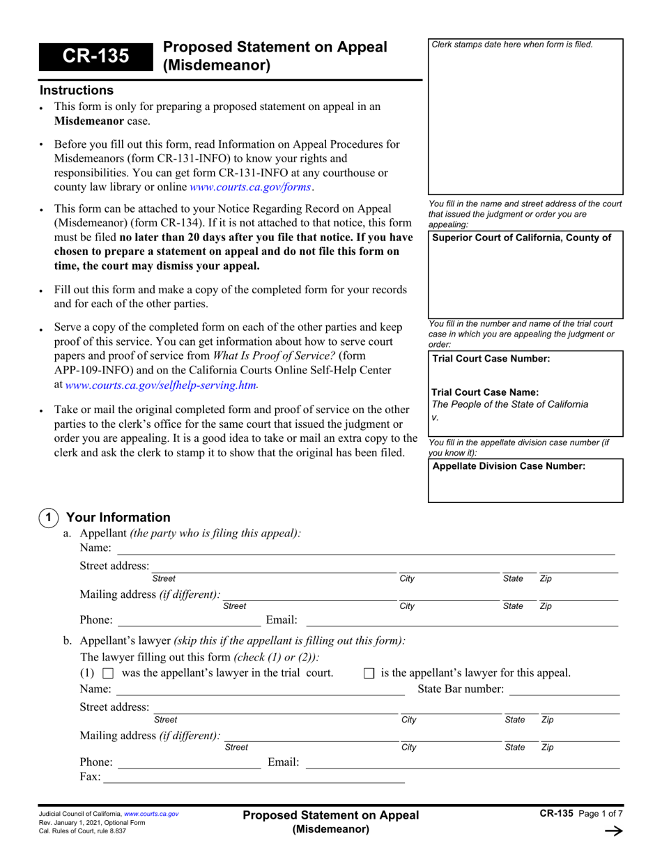 Form CR-135 Proposed Statement on Appeal (Misdemeanor) - California, Page 1