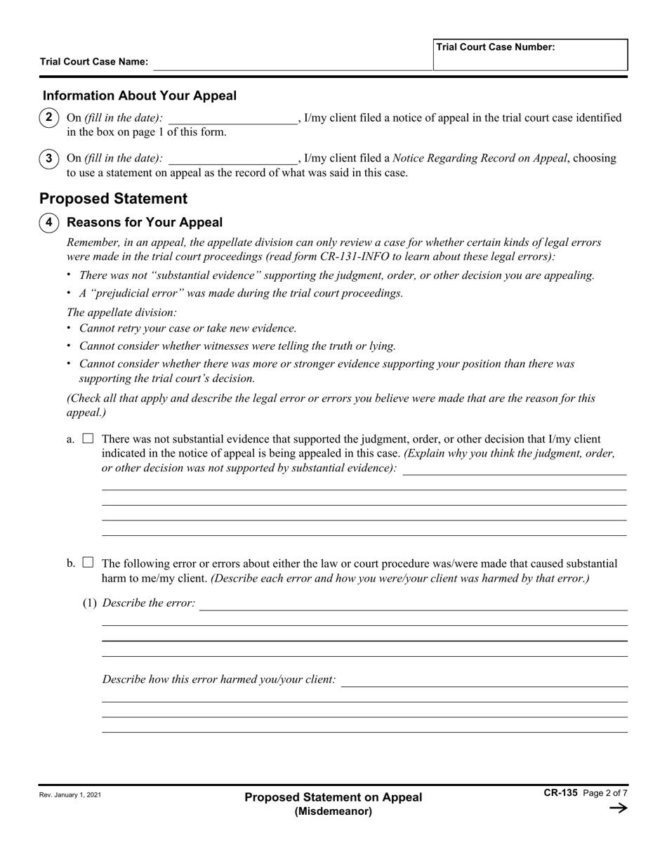 Form CR-135 Proposed Statement on Appeal (Misdemeanor) - California, Page 2