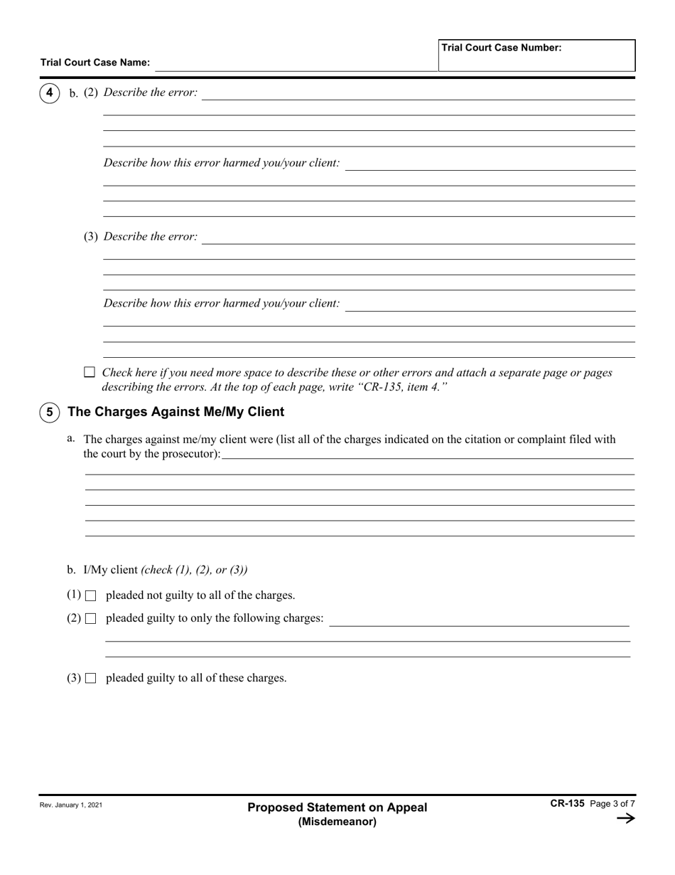 Form CR-135 Proposed Statement on Appeal (Misdemeanor) - California, Page 3