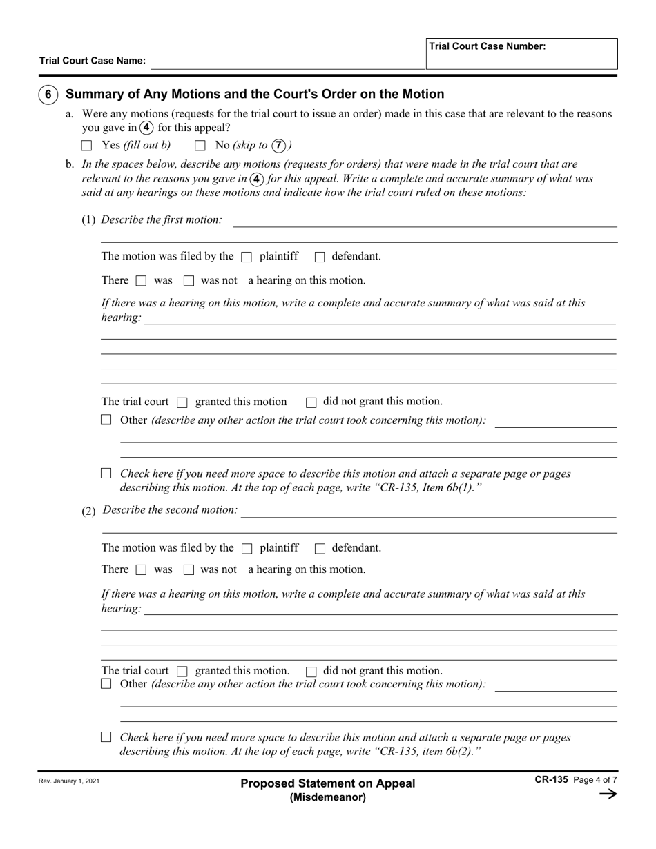 Form CR-135 Proposed Statement on Appeal (Misdemeanor) - California, Page 4