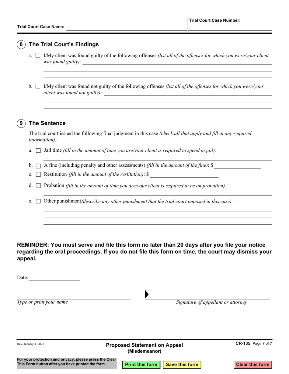 Form CR-135 Proposed Statement on Appeal (Misdemeanor) - California, Page 7