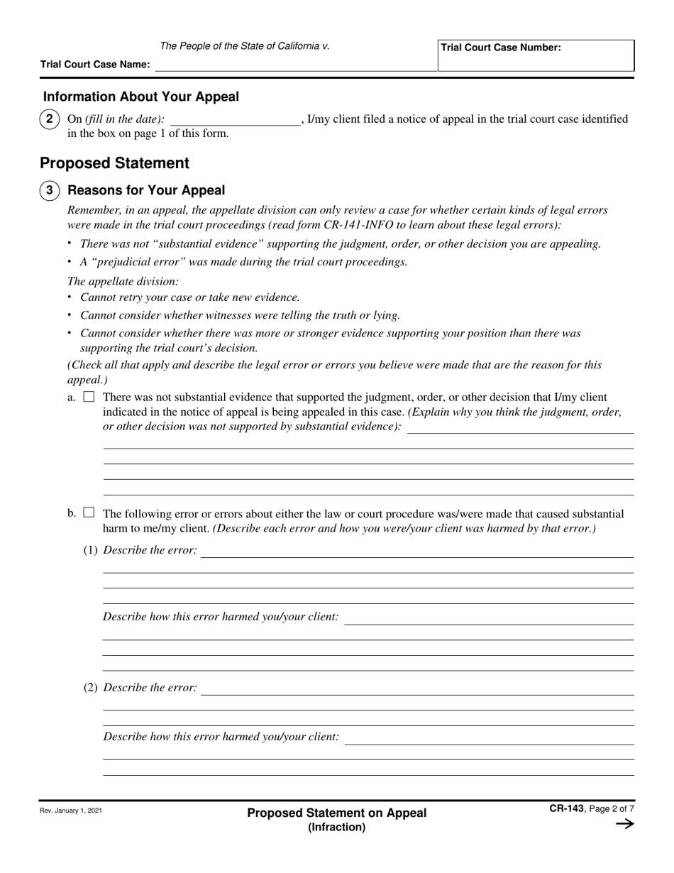 Form CR-143 Proposed Statement on Appeal (Infraction) - California, Page 2