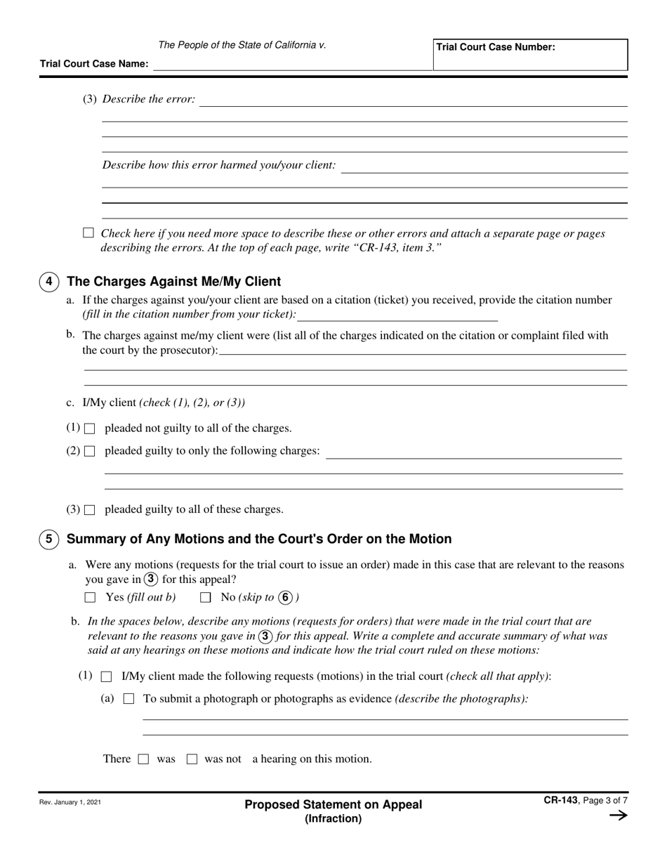 Form CR-143 Proposed Statement on Appeal (Infraction) - California, Page 3
