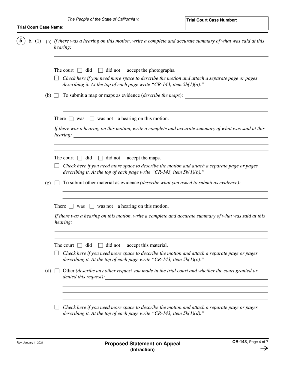 Form CR-143 Proposed Statement on Appeal (Infraction) - California, Page 4