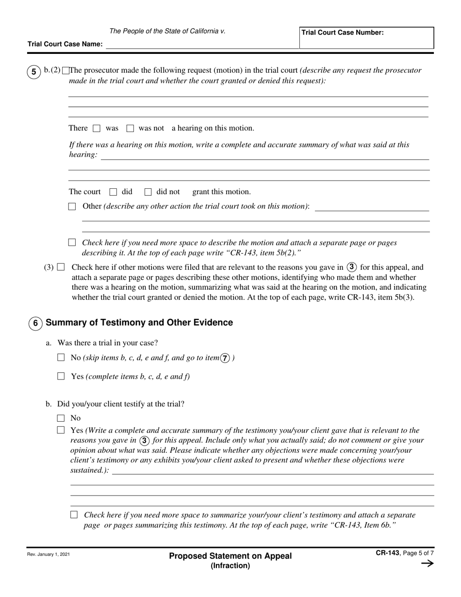 Form CR-143 Proposed Statement on Appeal (Infraction) - California, Page 5