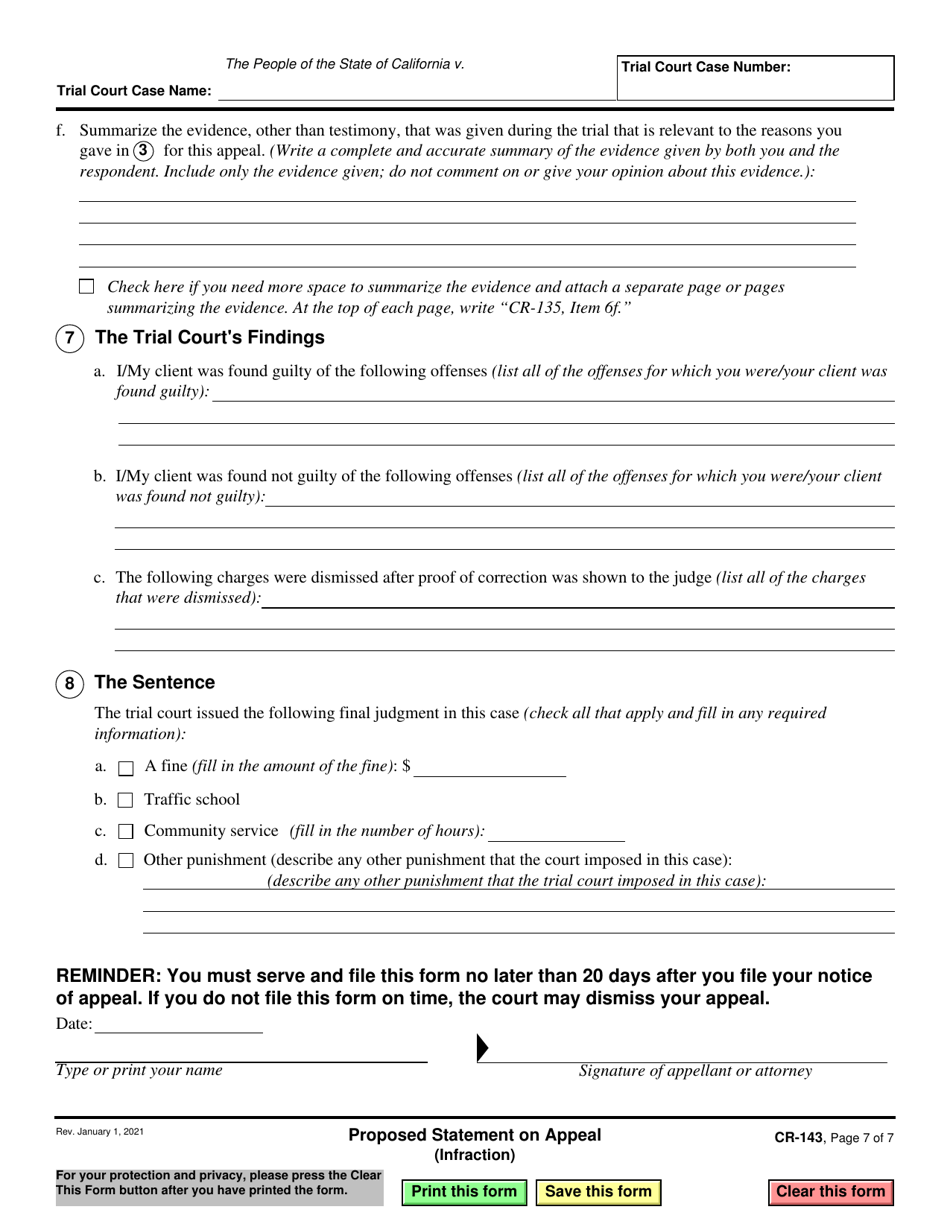 Form CR-143 Proposed Statement on Appeal (Infraction) - California, Page 7