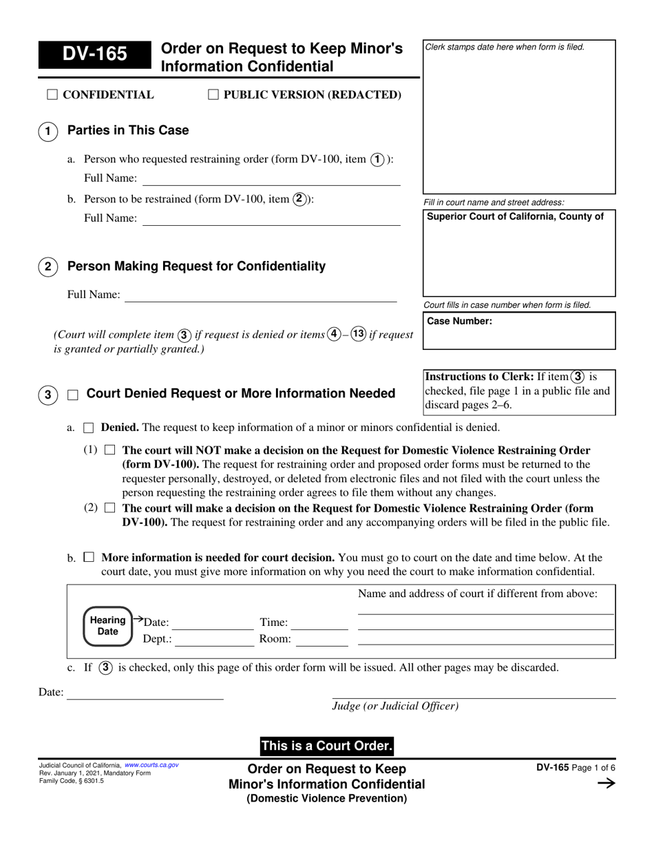 Form DV-165 Order on Request to Keep Minors Information Confidential - California, Page 1