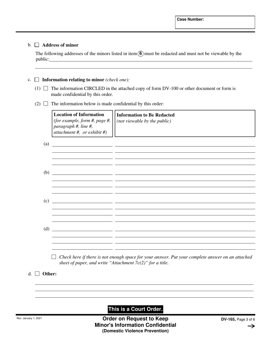 Form DV-165 Order on Request to Keep Minors Information Confidential - California, Page 3