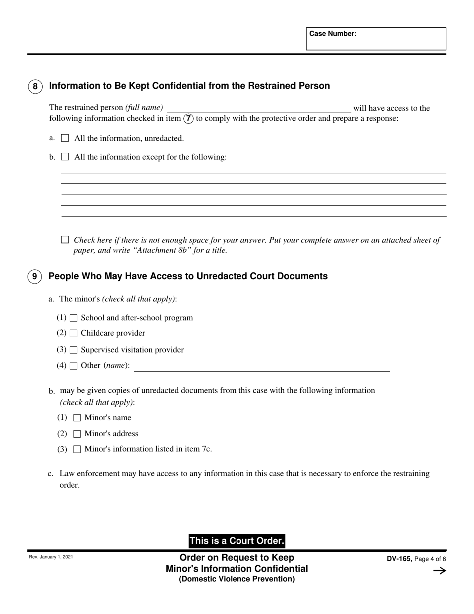 Form DV-165 Order on Request to Keep Minors Information Confidential - California, Page 4