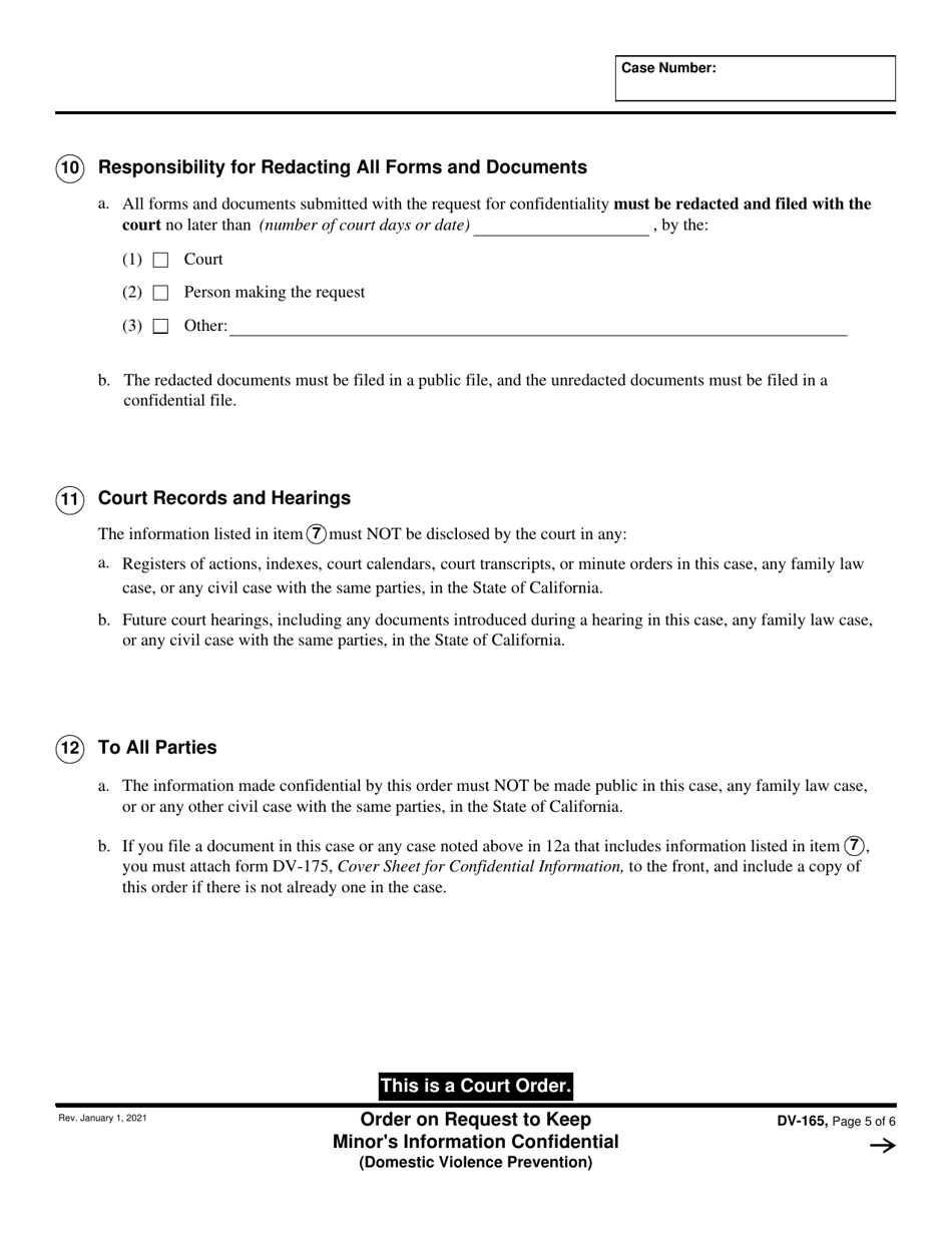 Form DV-165 Order on Request to Keep Minors Information Confidential - California, Page 5
