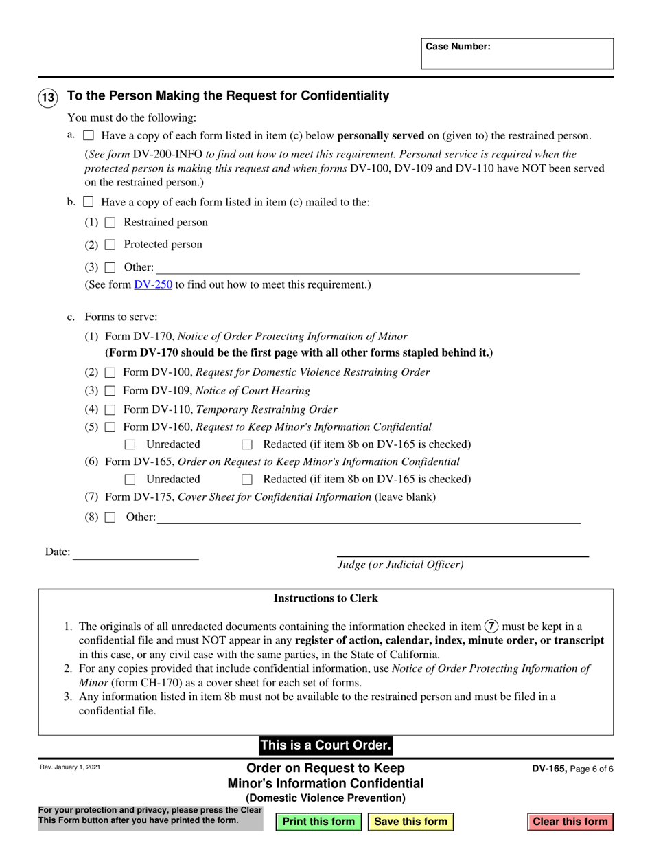 Form DV-165 Order on Request to Keep Minors Information Confidential - California, Page 6