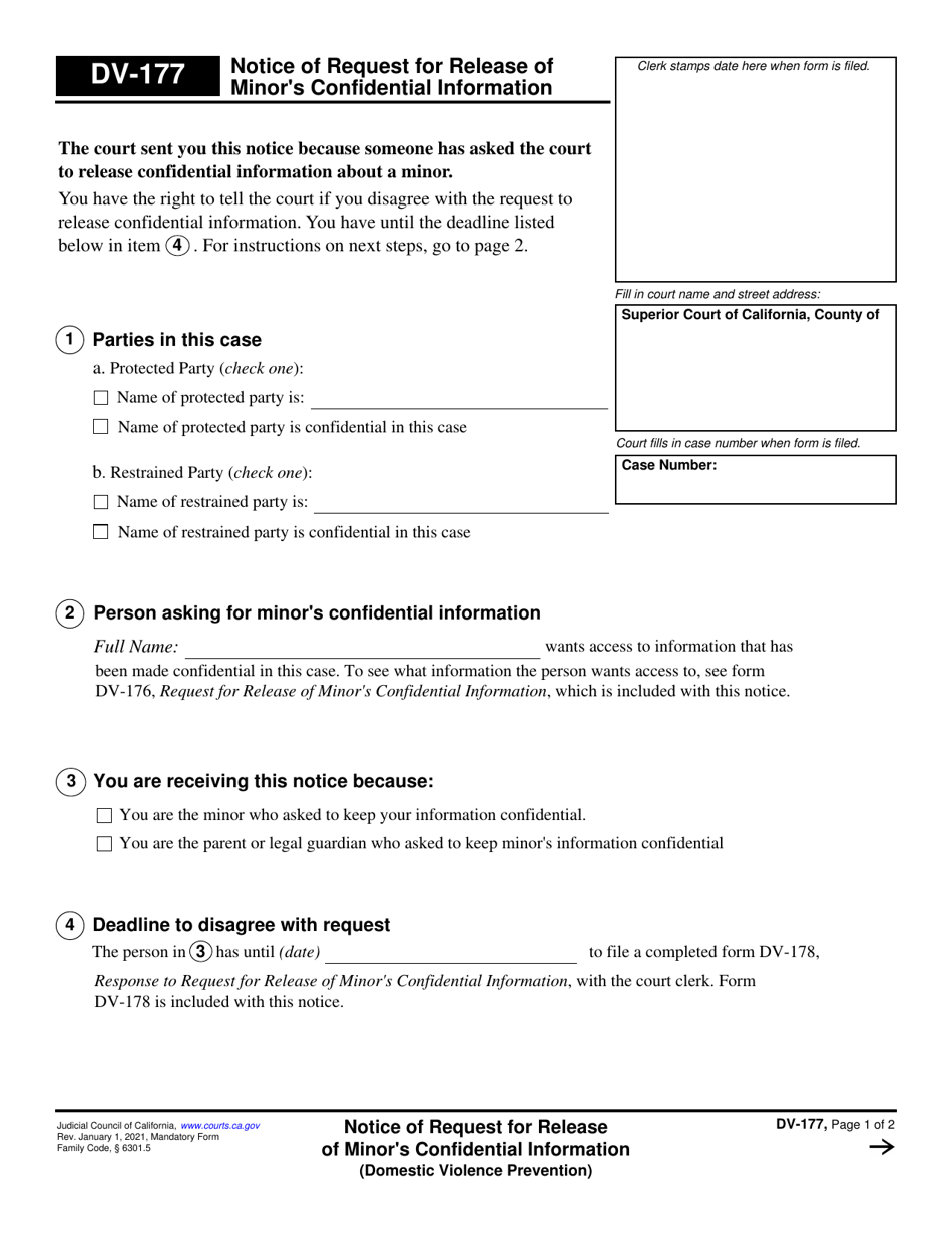 Form DV-177 Notice of Request for Release of Minors Confidential Information - California, Page 1