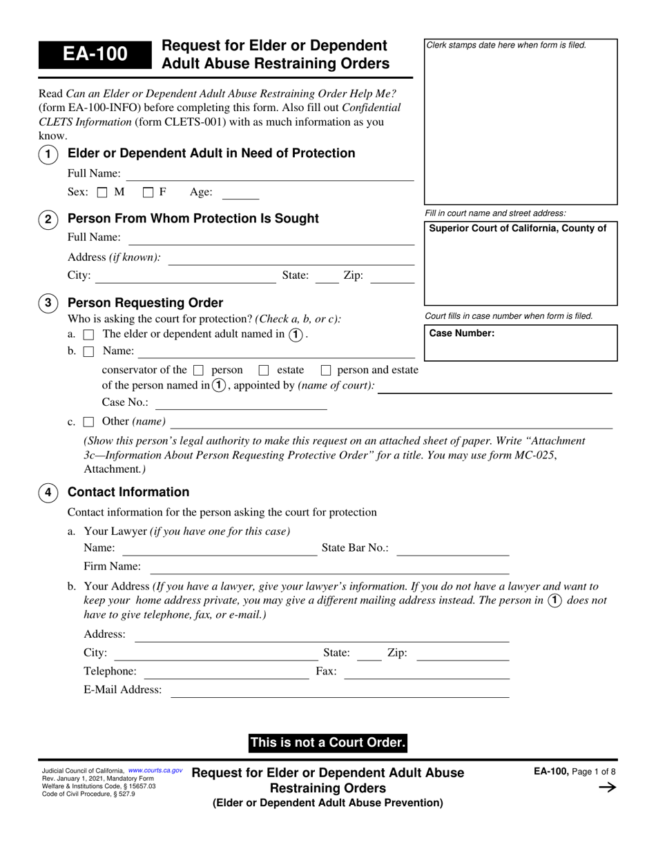 Form EA-100 Request for Elder or Dependent Adult Abuse Restraining Orders - California, Page 1