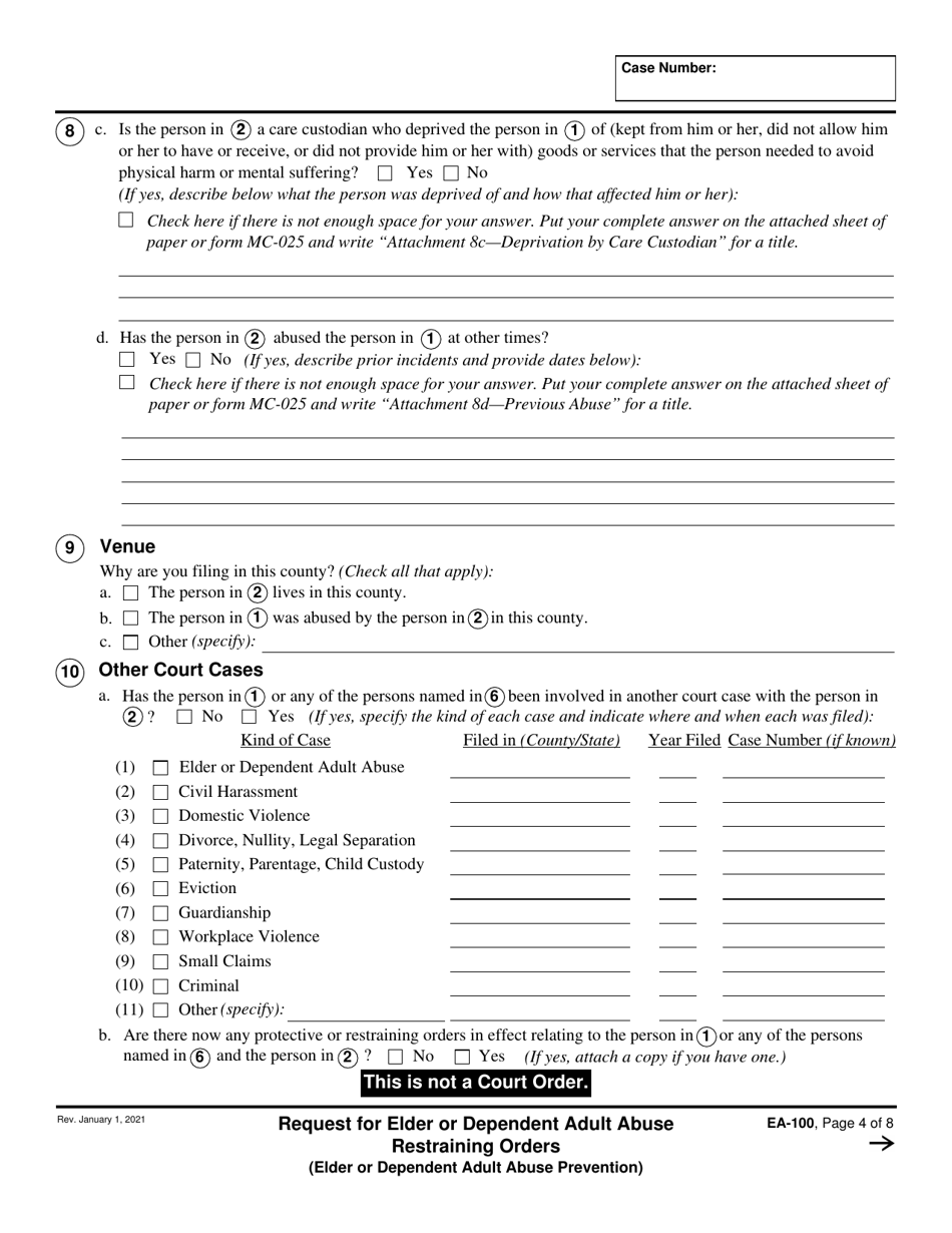 Form EA-100 Request for Elder or Dependent Adult Abuse Restraining Orders - California, Page 4