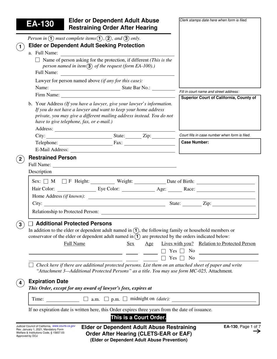 Form EA-130 Elder or Dependent Adult Abuse Restraining Order After Hearing - California, Page 1