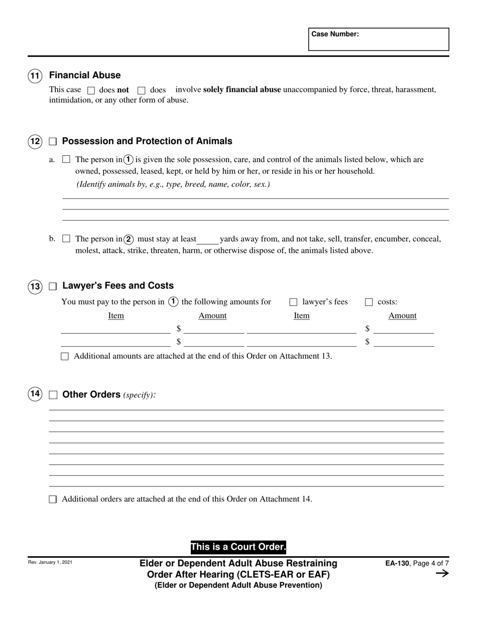 Form EA-130 Elder or Dependent Adult Abuse Restraining Order After Hearing - California, Page 4