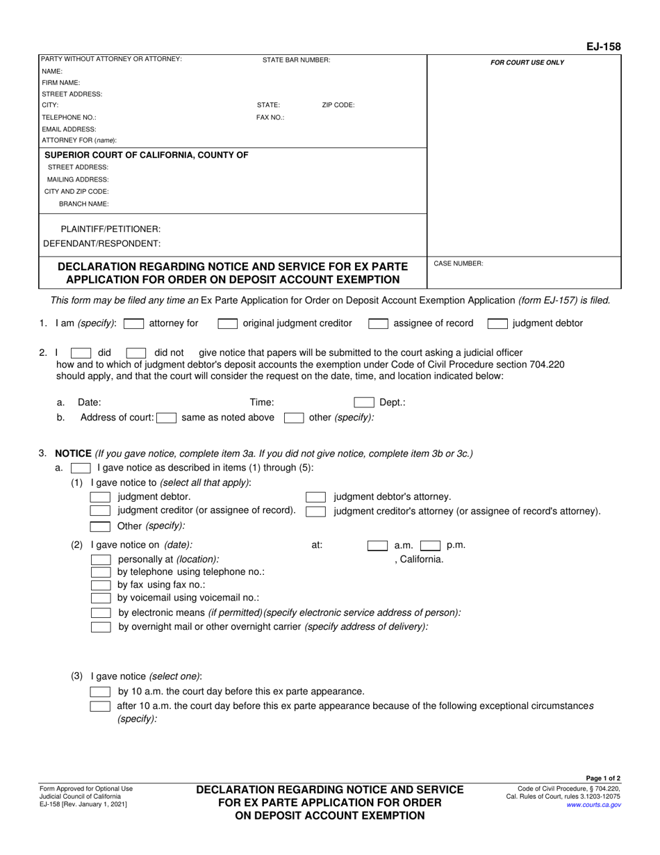 Form EJ-158 Declaration Regarding Notice and Service for Ex Parte Application for Order on Deposit Account Exemption - California, Page 1