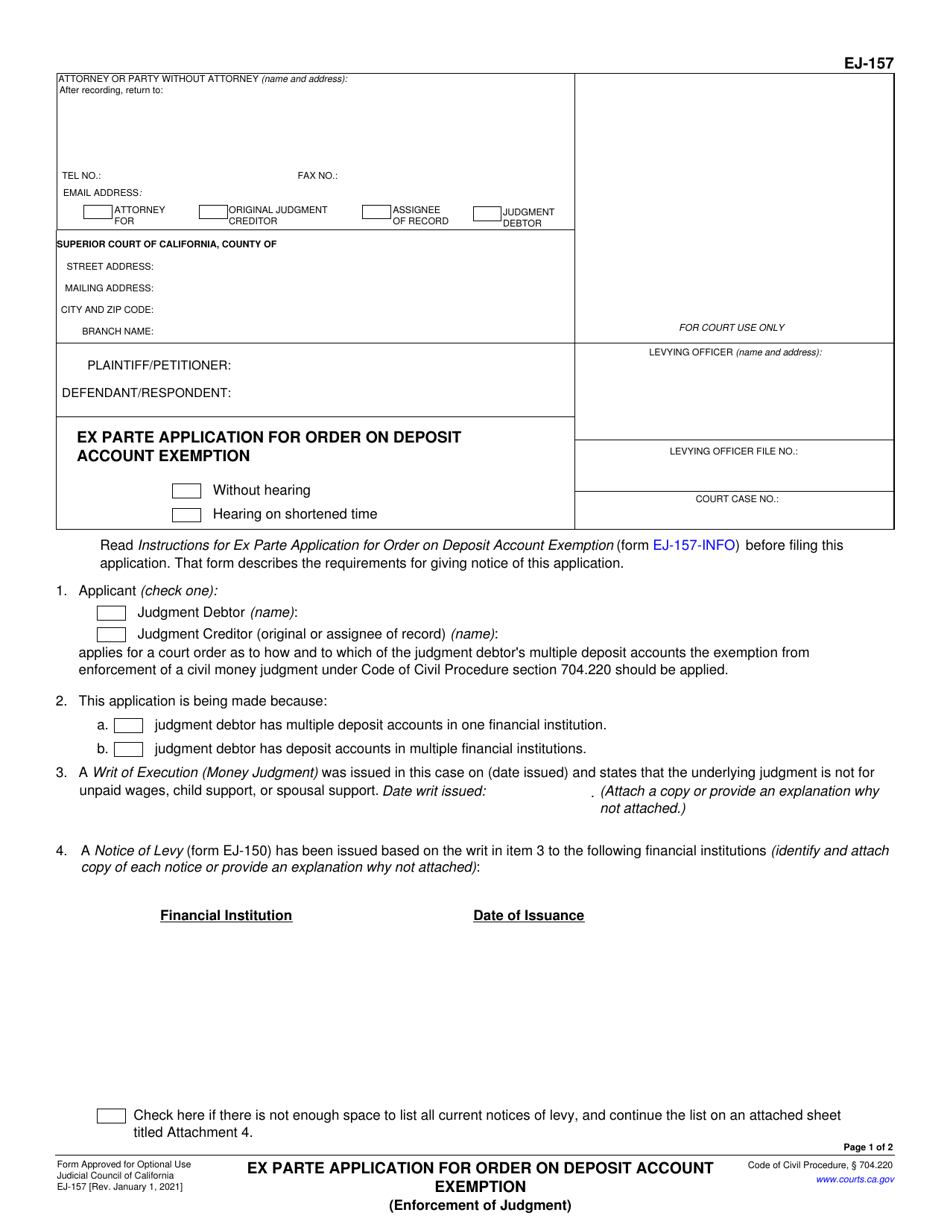 Form EJ-157 Ex Parte Application for Order on Deposit Account Exemption - California, Page 1