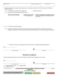 Form EJ-157 Ex Parte Application for Order on Deposit Account Exemption - California, Page 2
