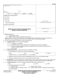 Document preview: Form EJ-159 Order on Application for Designation of Deposit Account Exemption - California