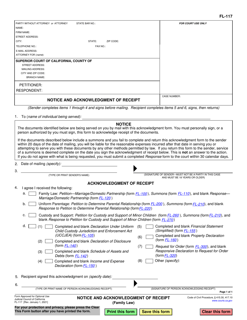 Form FL-117 Notice and Acknowledgment of Receipt - California, Page 1