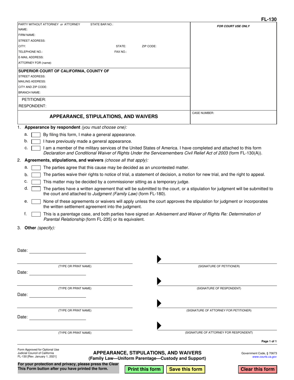 Form FL-130 Appearance, Stipulations, and Waivers - California, Page 1
