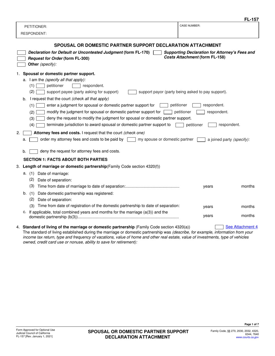 Form FL-157 Spousal or Domestic Partner Support Declaration Attachment - California, Page 1